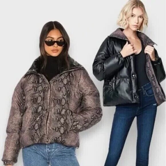 BlankNYC Puffer Jacket Reversible Black Snake Faux Leather - Picture 3 of 16